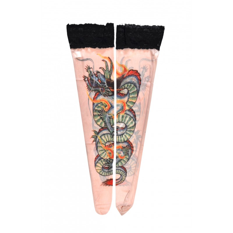 Women's Fake Tattoo Hold Ups Stockings Colour Dragon Design (TS15)